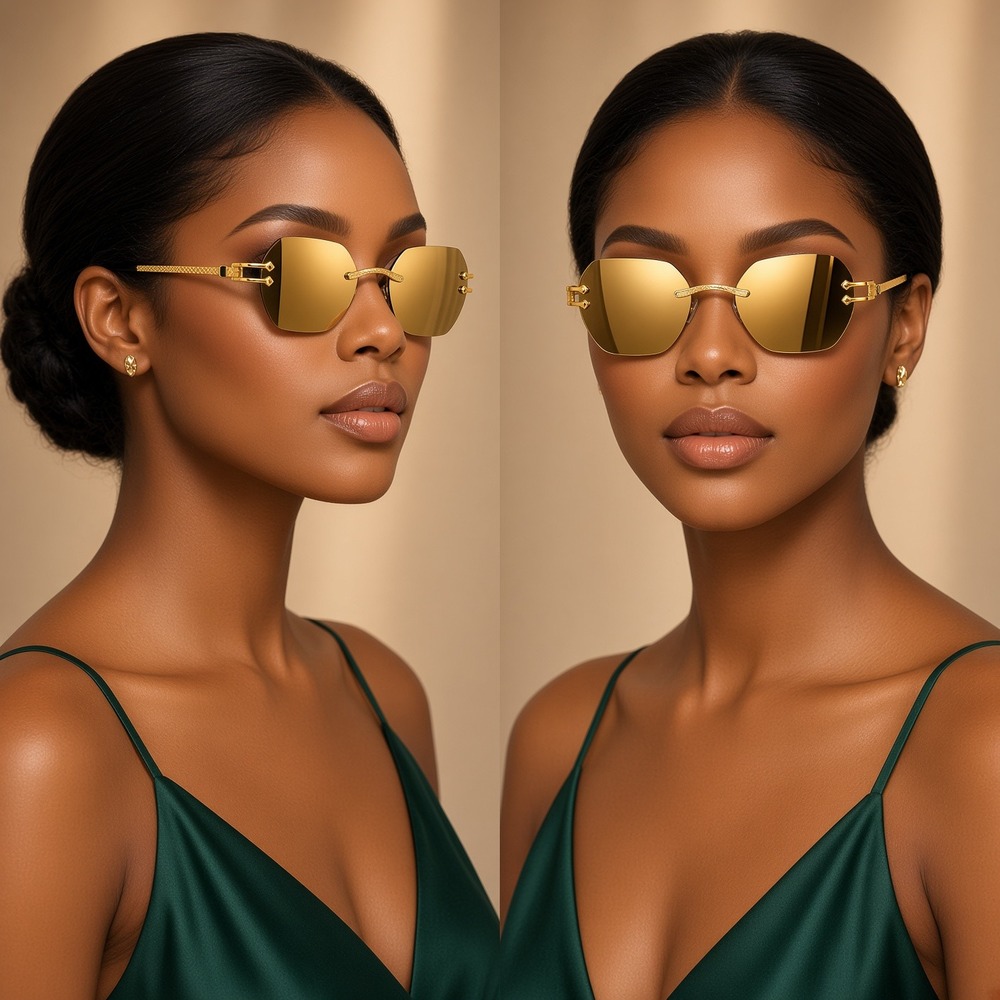 Women Luxury Victorian Engraving Rimless Rounded Sunglasses Street Wear Trendy
